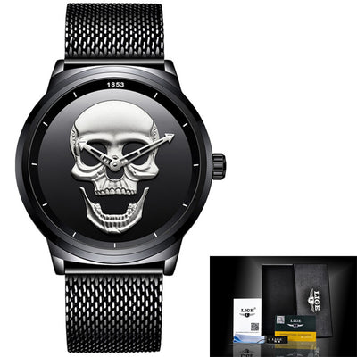 New Skeleton Skull Quartz Mens Watches Mesh Steel sports Black Watch Men