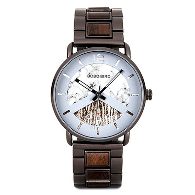 Men Wood Watch Metal Quartz Watch with Date Display Male