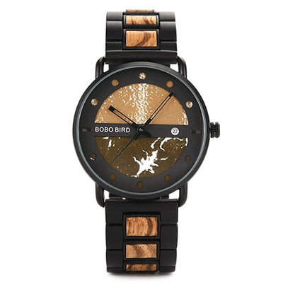 Men Wood Watch Metal Quartz Watch with Date Display Male