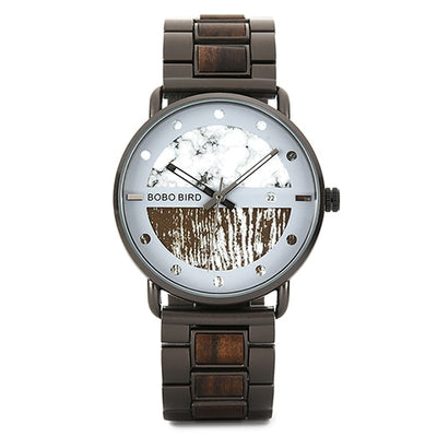 Men Wood Watch Metal Quartz Watch with Date Display Male