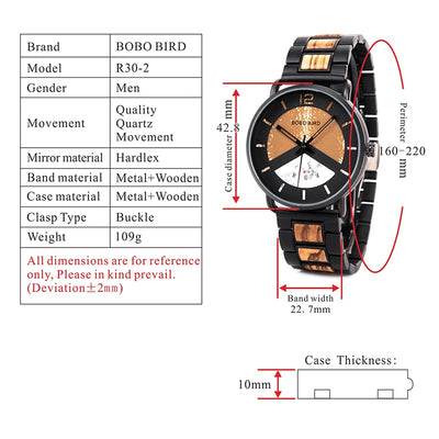 Men Wood Watch Metal Quartz Watch with Date Display Male