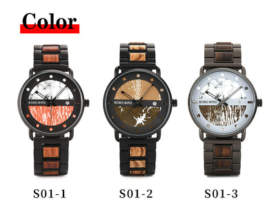 Men Wood Watch Metal Quartz Watch with Date Display Male