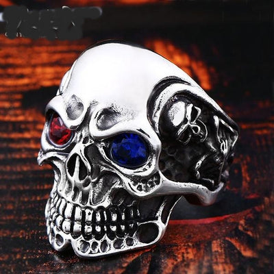 Skull Ring Stainless Steel men's Gothic  Carving  with red blue eye rock